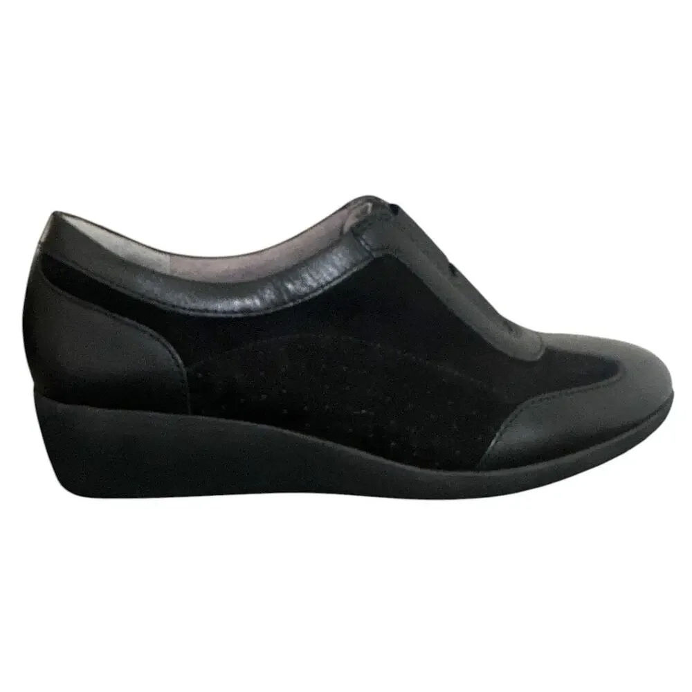 Clarks Black Leather Suede Perforated Wedge Slip On Loafers Shoes Women 8.5